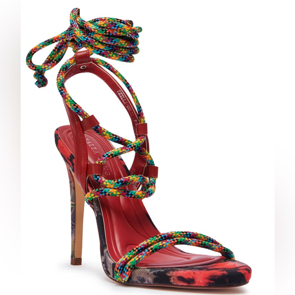 Multicolor Red Strappy Rope Lace Up High Heel Sandals - Picture 4 of 6